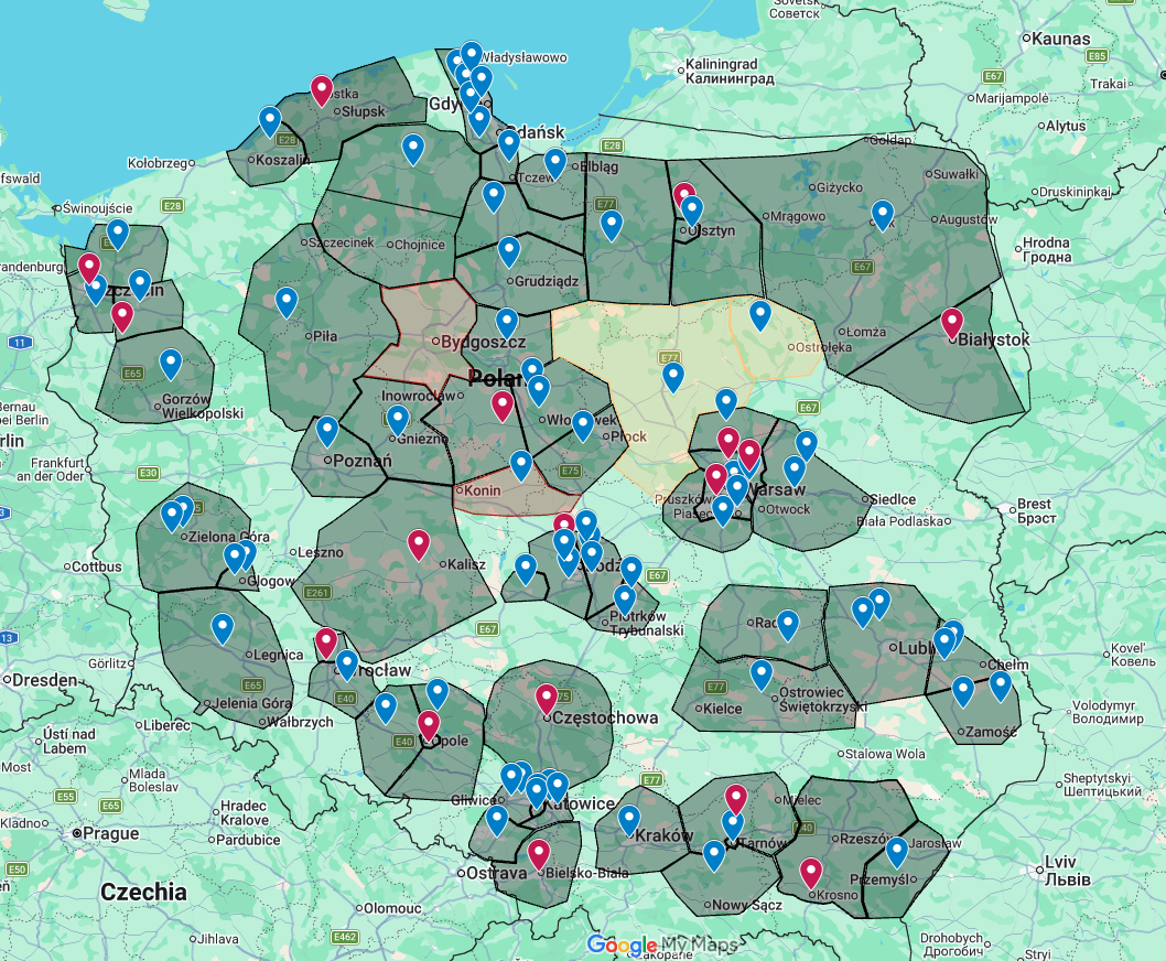 Map of Poland showing AGD Serwis technician service zones and coverage areas nationwide
