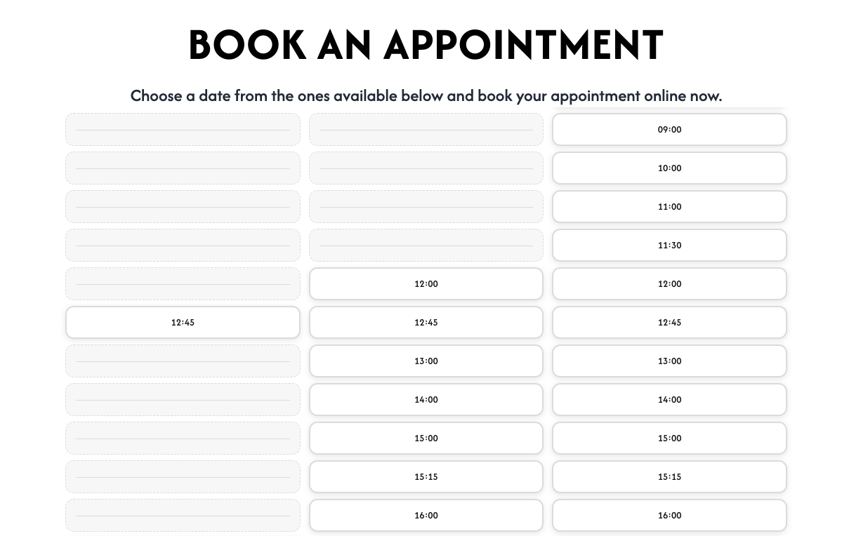 AGD Serwis booking widget showing available technician visit time slots in a three-column grid