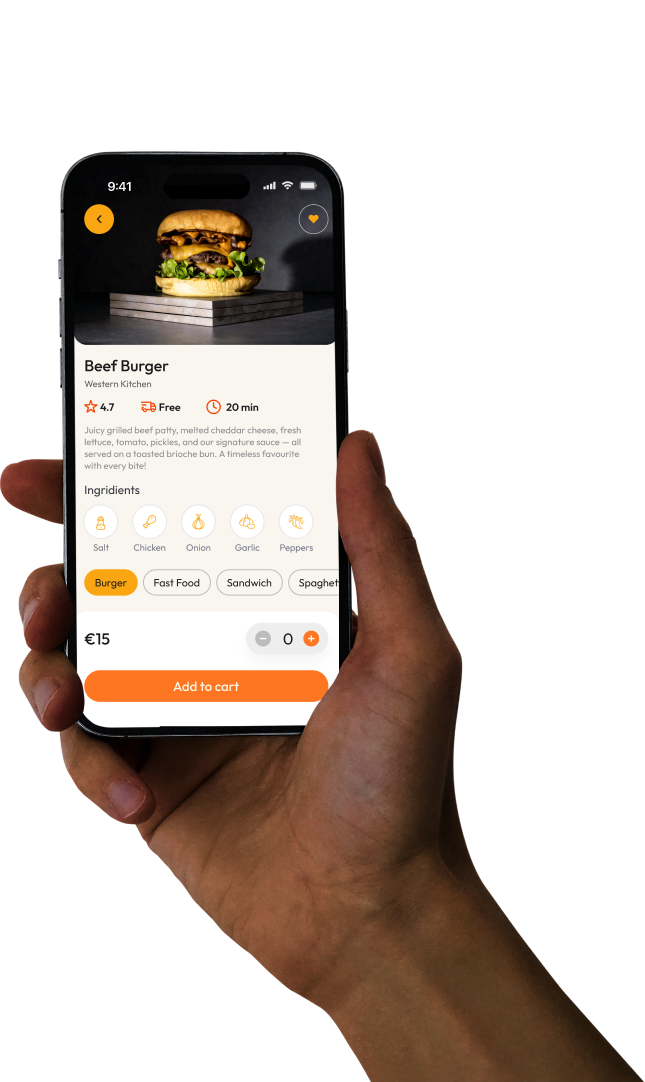 Eatsy beef burger product detail screen held in hand