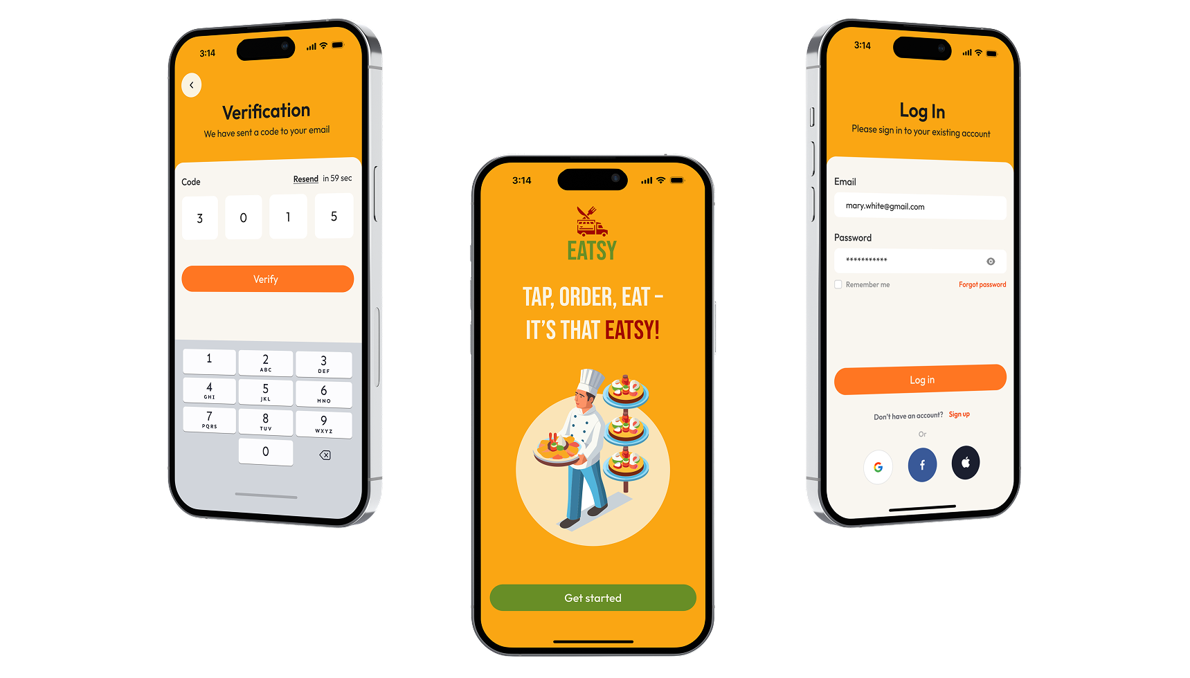 Eatsy onboarding, login, and email verification screens