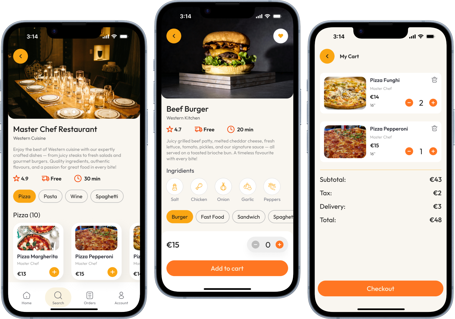 Eatsy restaurant menu, product detail, and shopping cart screens