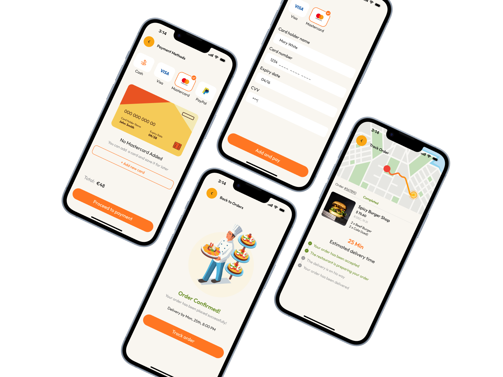 Eatsy payment, order confirmation, and live tracking screens