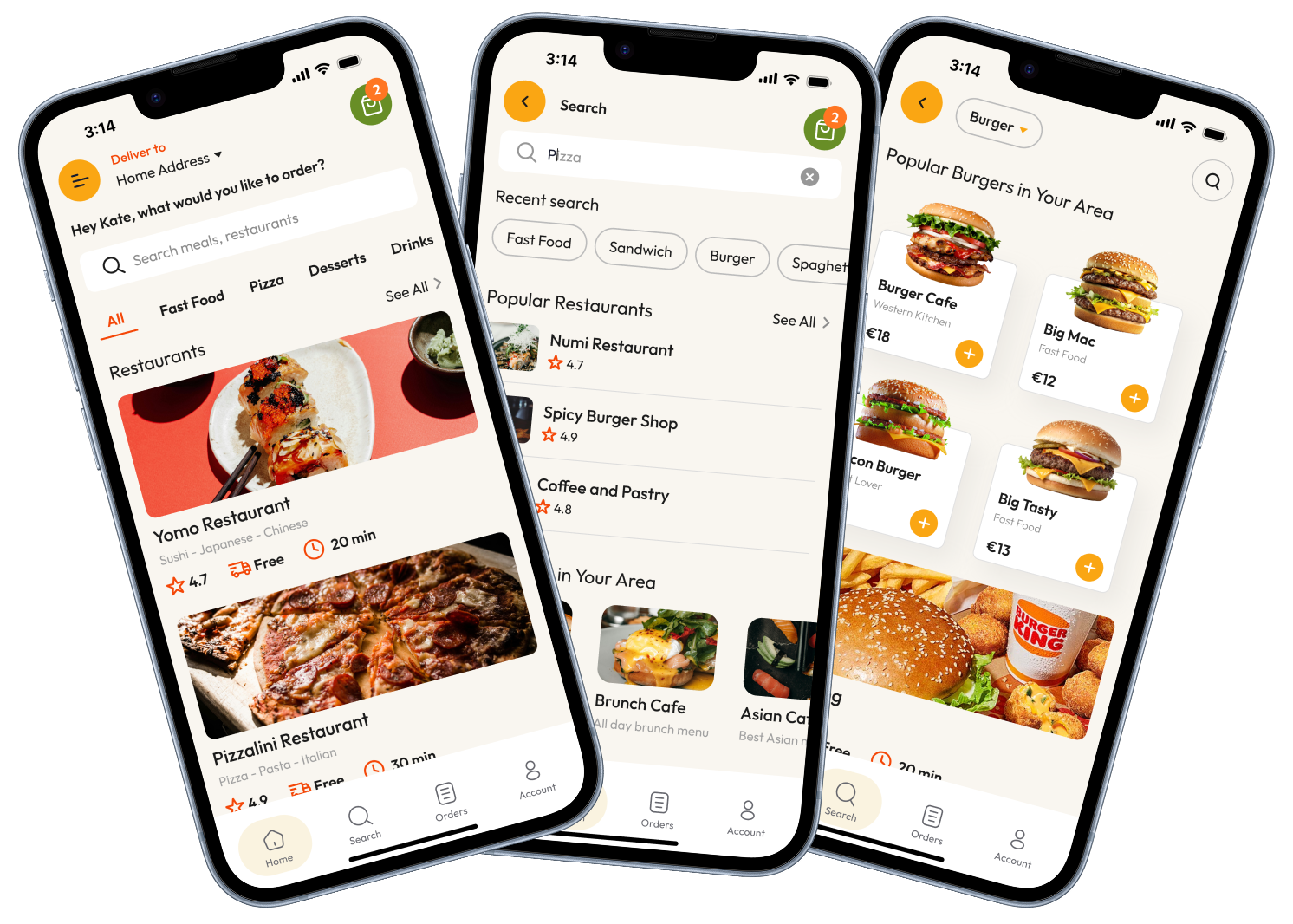 Eatsy home feed, search, and category browsing screens